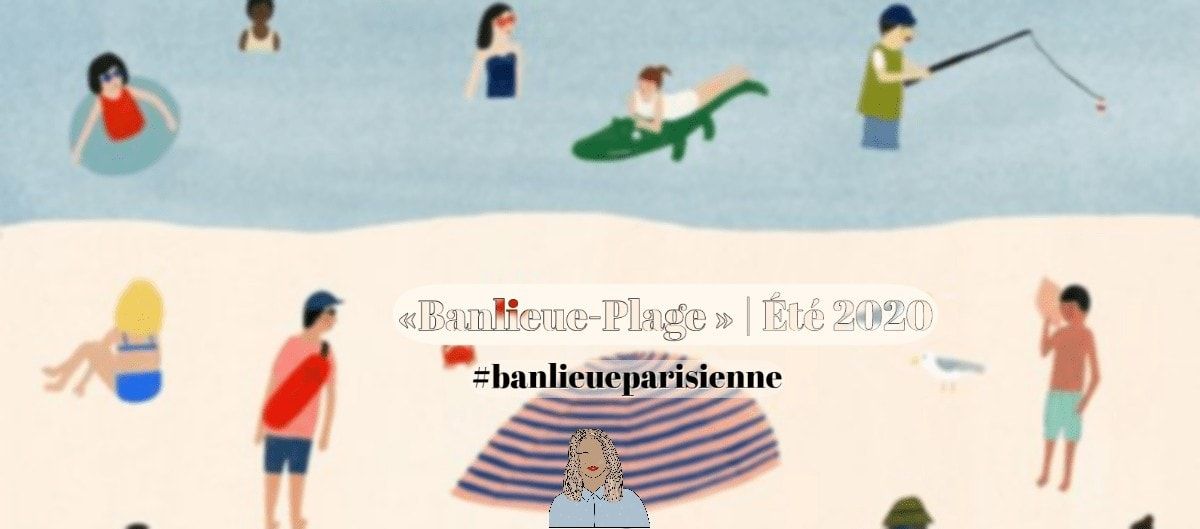 Illustration d'une plage estivale animée avec baigneurs, un pêcheur et des vacanciers autour d'un parasol