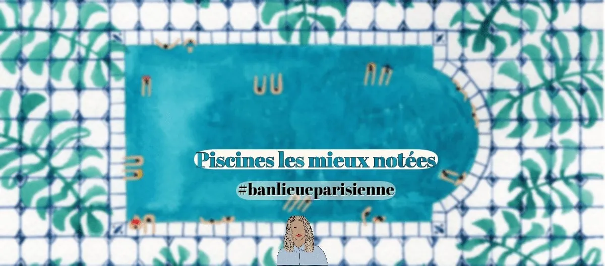 Illustration d'une piscine vue de dessus avec des nageurs, entourée de plantes tropicales