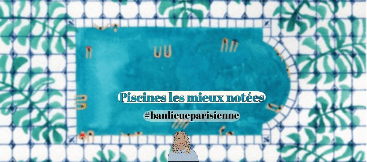 Illustration d'une piscine vue de dessus avec des nageurs, entourée de plantes tropicales